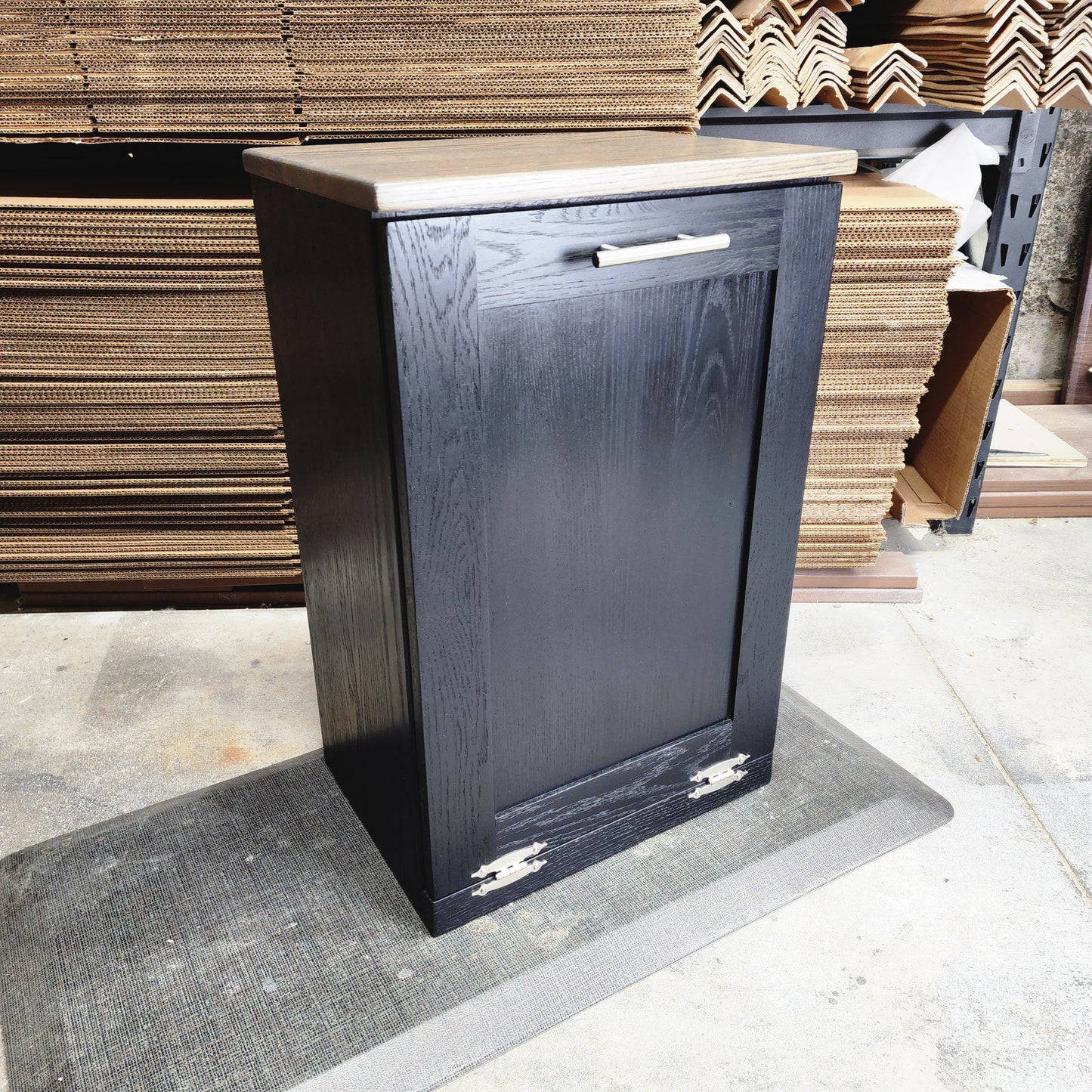 Custom Stained Trash Can Cabinet with Tilt Open Door