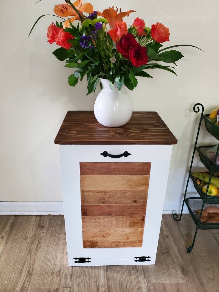 White Trash Can Cabinet with Rustic Pallet Wood Panel