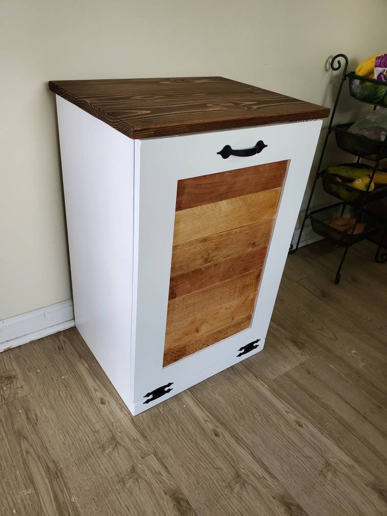 White Trash Can Cabinet with Rustic Pallet Wood Panel