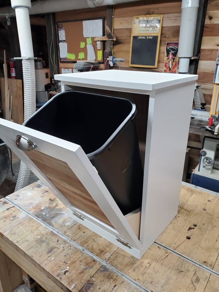 White Trash Can Cabinet with Rustic Pallet Wood Panel