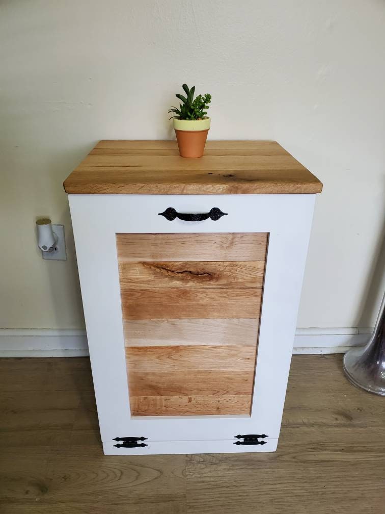 Trash Can Cabinet with Rustic Pallet Wood Panel Tilt Open (White)