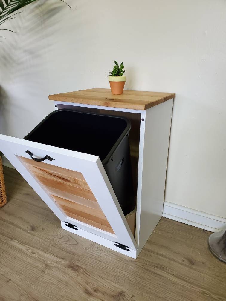 Trash Can Cabinet with Rustic Pallet Wood Panel Tilt Open (White)