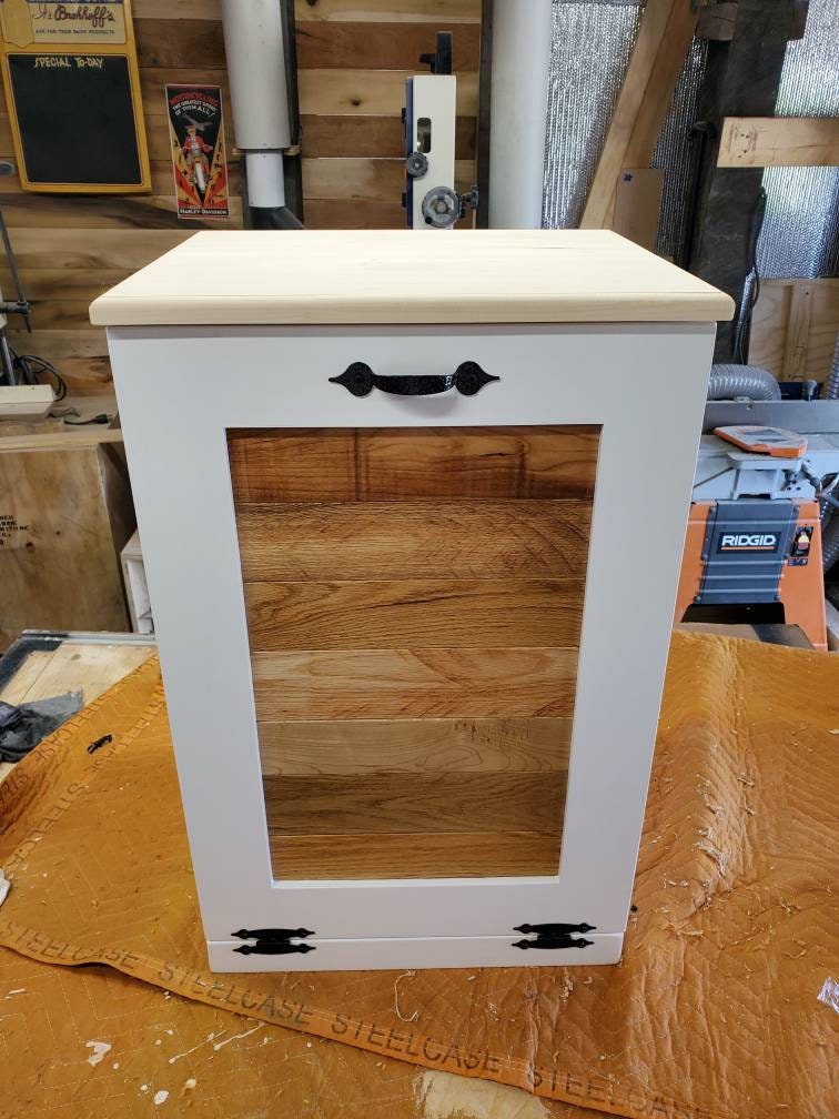 White Trash Can Cabinet with Rustic Pallet Wood Panel