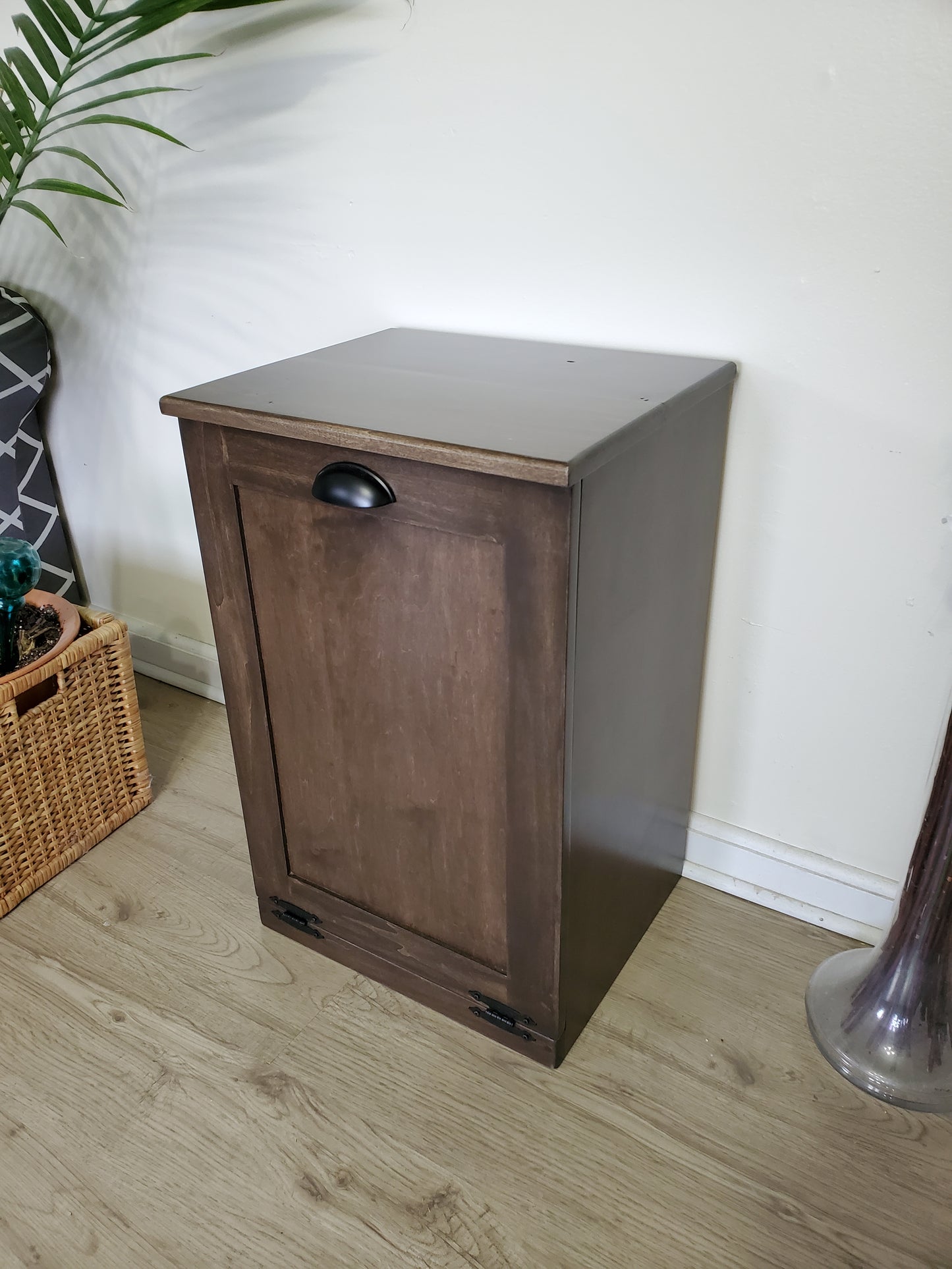 Custom Stained Trash Can Cabinet with Tilt Open Door