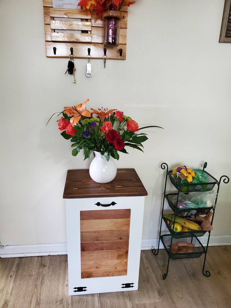 White Trash Can Cabinet with Rustic Pallet Wood Panel