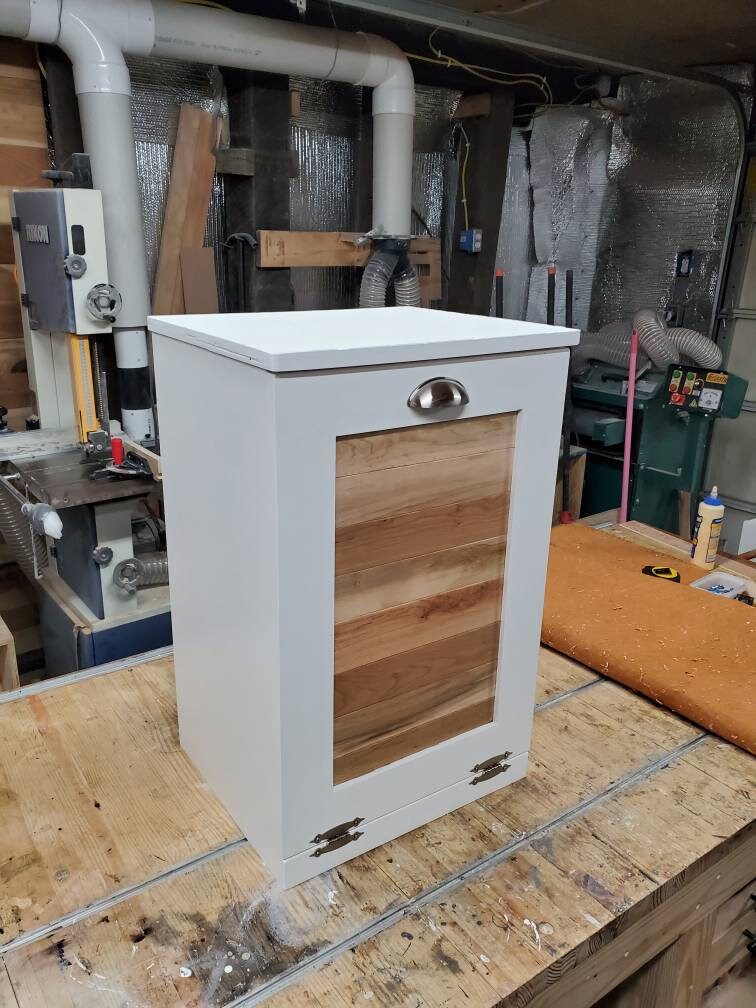 White Trash Can Cabinet with Rustic Pallet Wood Panel