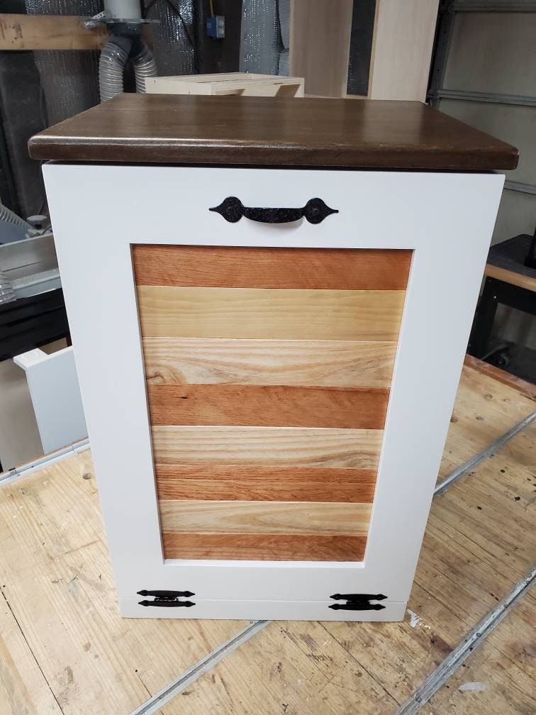 White Trash Can Cabinet with Rustic Pallet Wood Panel