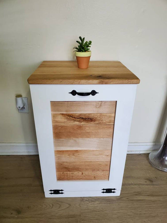 White Trash Can Cabinet with Rustic Pallet Wood Panel