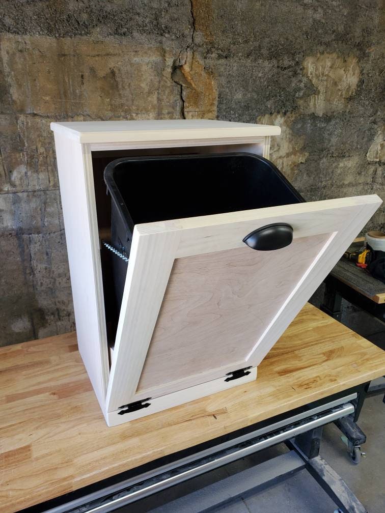 Bare Wood Trash Can Cabinet