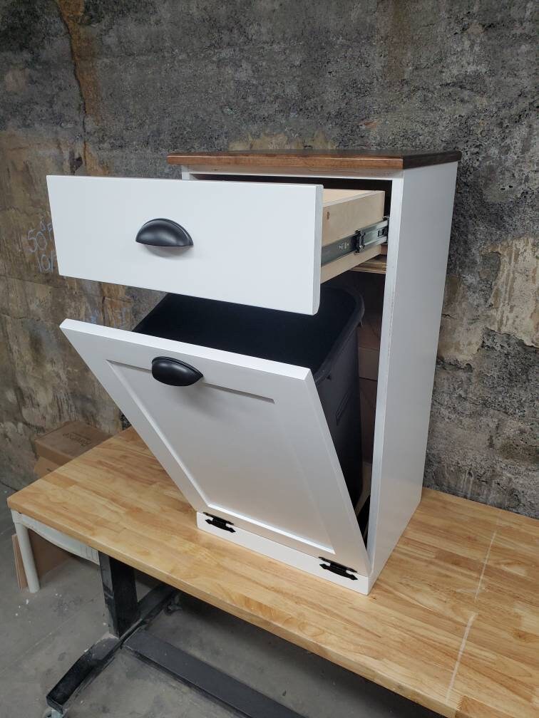 Wooden Trash Cabinet With Drawer(White)