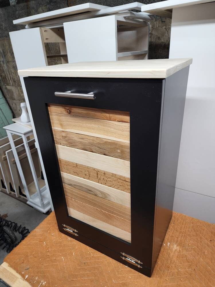 Black Cabinet with Rustic Pallet Wood Panel